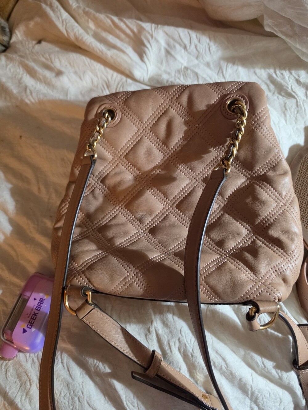 Quilted Leather Shoulder Bag in Nude with Signature Logo Detail - Picture 2 of 6